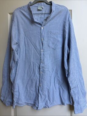 Men Blue Pinstripe Mandarin Collar Button-Down Shirt